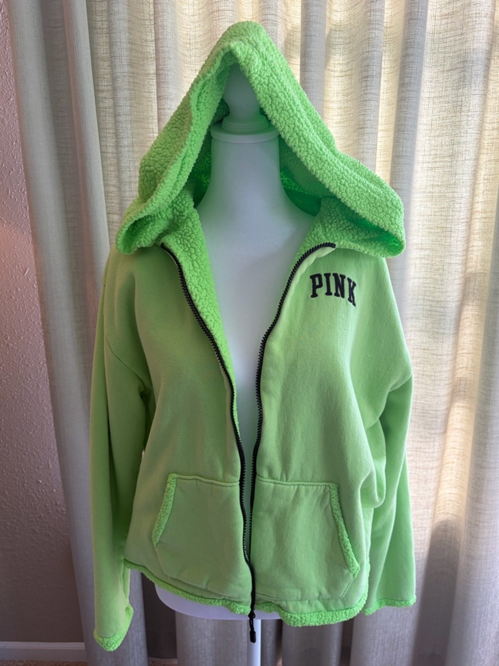 PINK Victoria's Secret Medium Reversible Full Zip Lime Green Hoodie